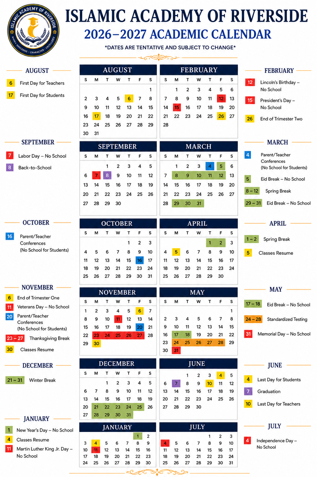 Islamic Academy of Riverside 2026–2027 Academic Calendar